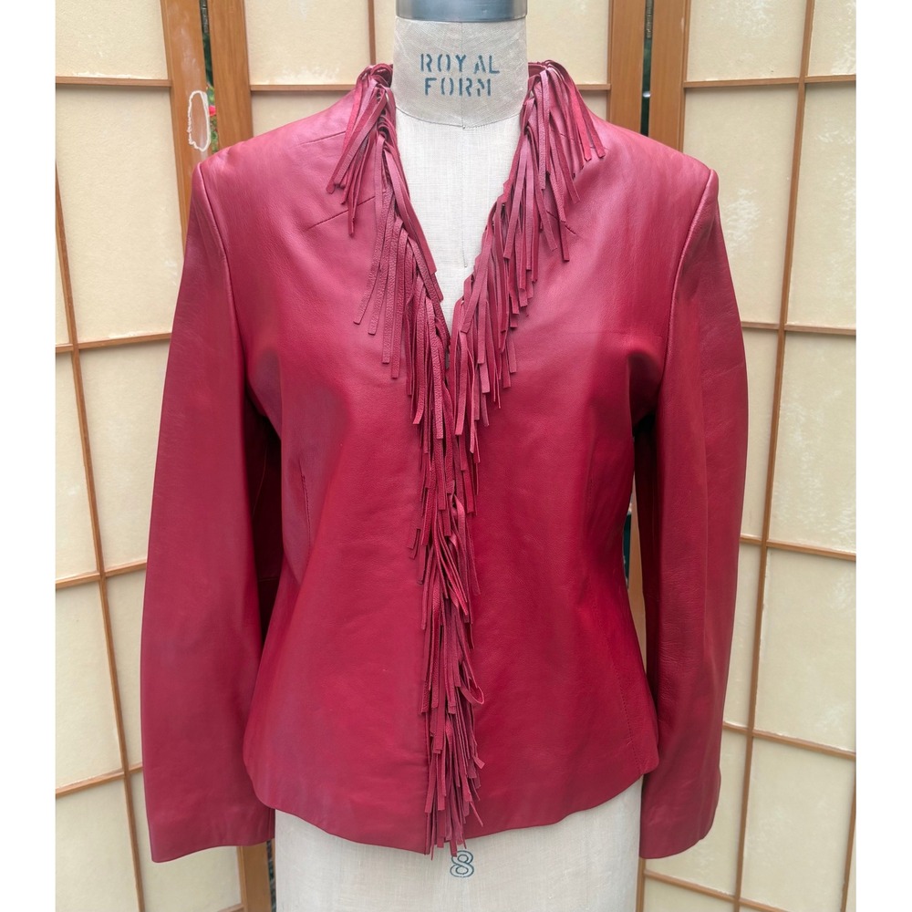 Adler Collection Red Leather Fringe Jacket NZ Lambskin Western Open Front L